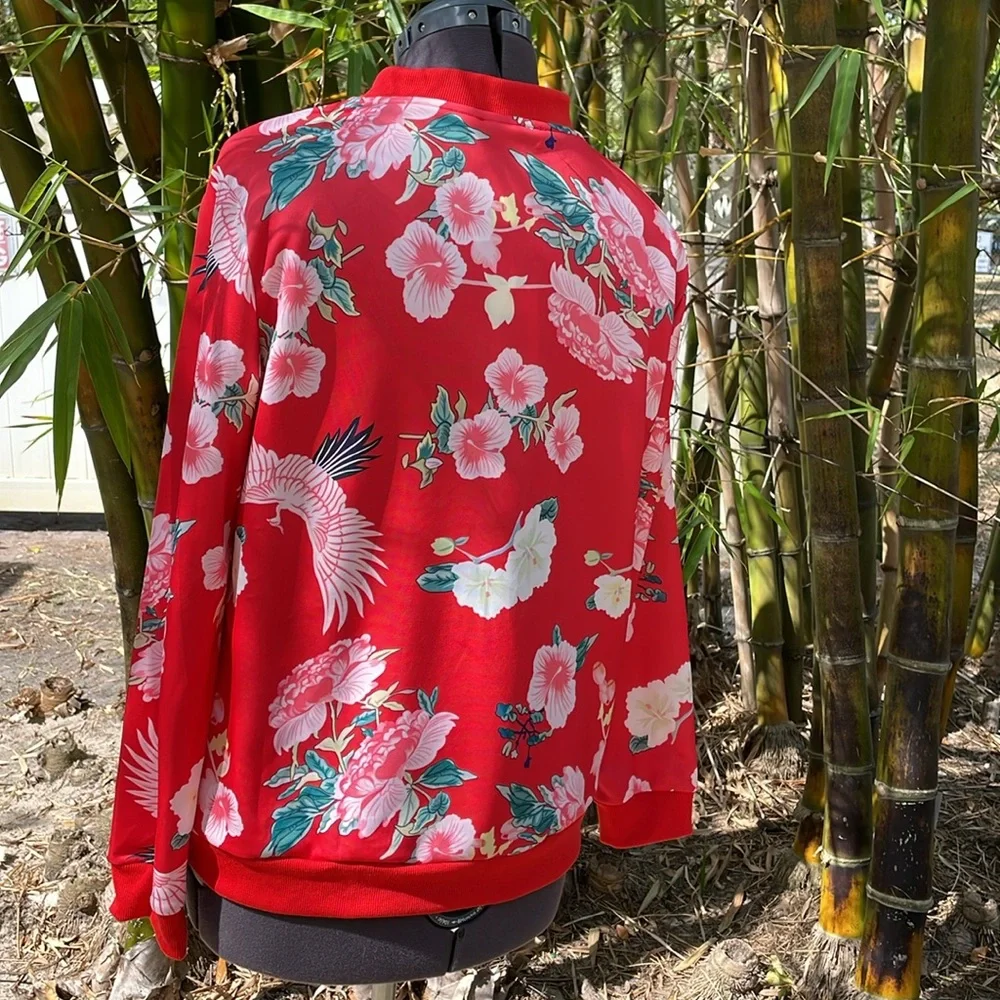 ECOWISH Women's Casual Floral Zip Up Bomber Jacket - Picture 4 of 9